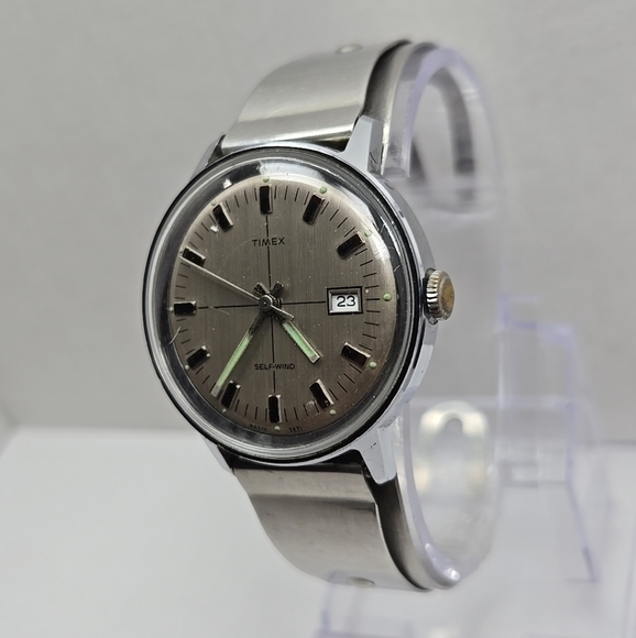 Timex Viscount 1971 Silver Date Watch Self Winding Retro Don Juan By Flatau Cuff - Picture 2 of 11